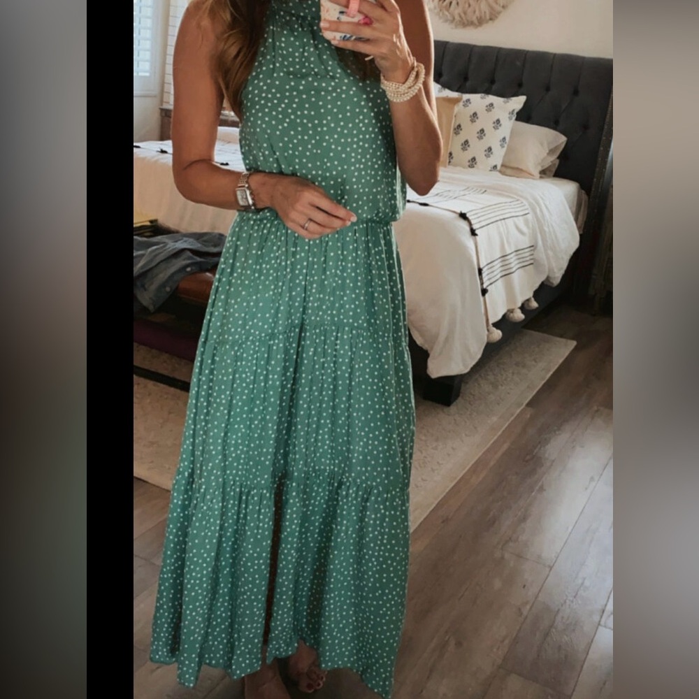 Green Polka Dot Tiered Maxi Dress